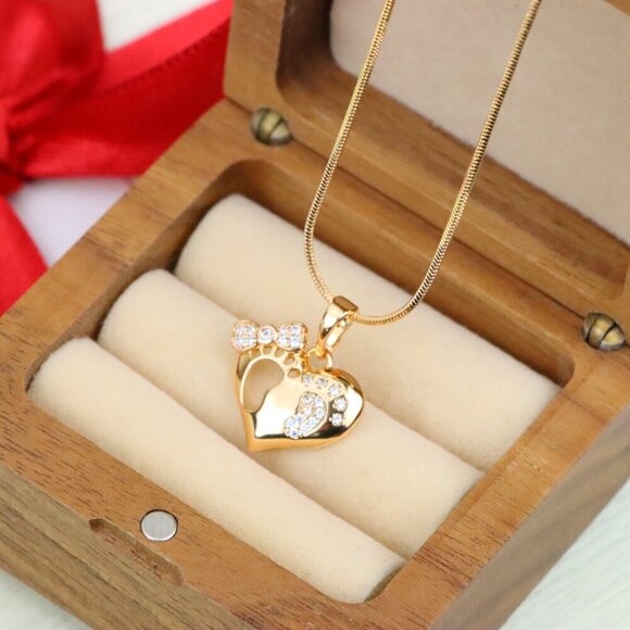 "Rose Gold Baby Footprint Heart Pendant with Sparkling CZ Accents, XPPT1249 - Picture 9 of 12